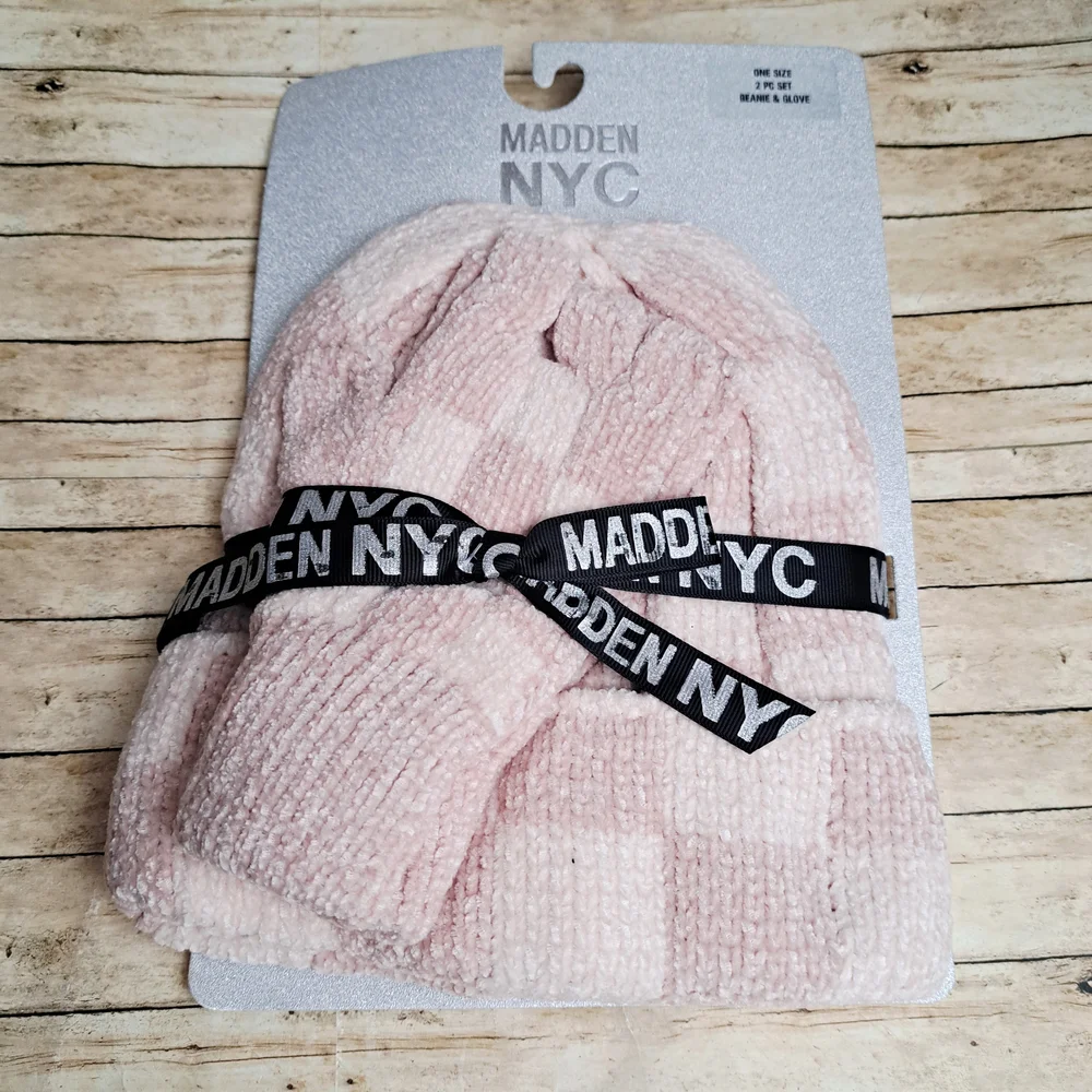 Madden NYC Pink 2 Piece Checker Beanie and Gloved Set One Size Fit Most